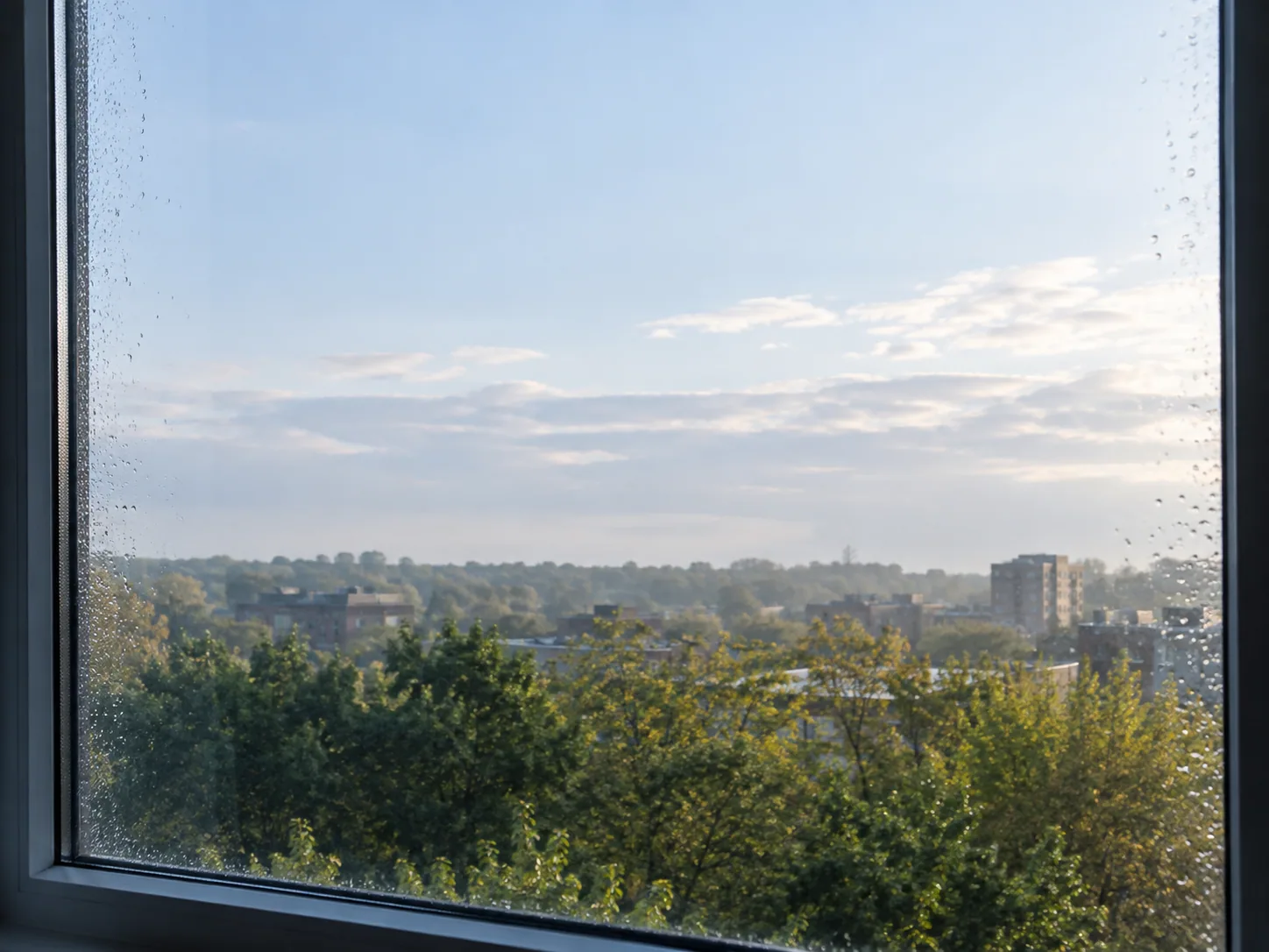 A clear view through a rain-washed window toward the landscape beyond.